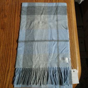 NWT Grey & Cornflower Blue Plaid Wool Blend Scarf